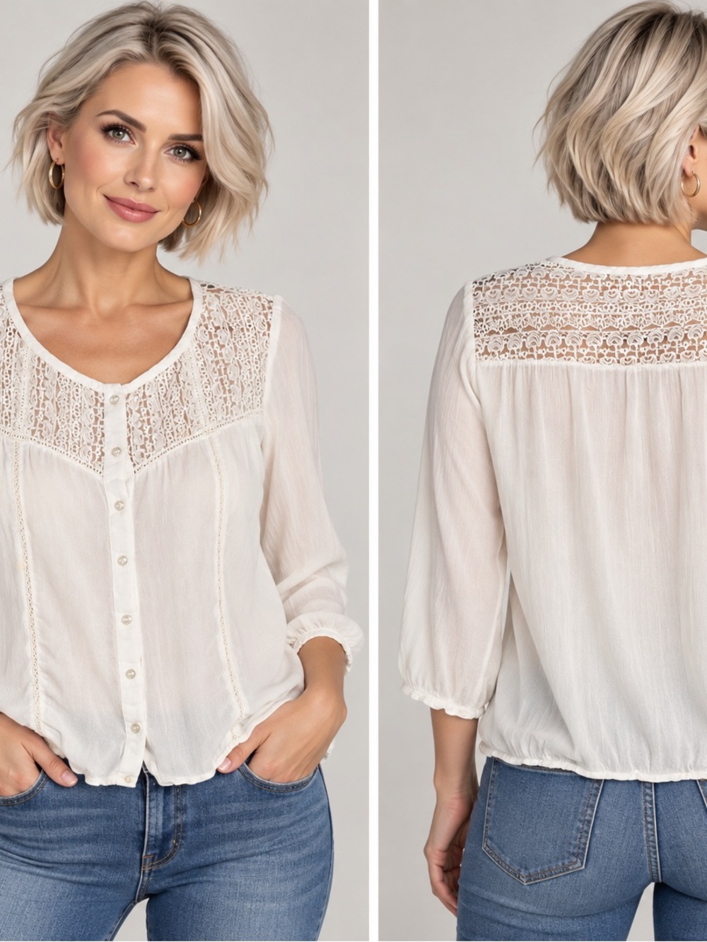 Shasa White Lace Yoke Button-Front Blouse